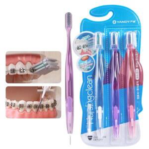 YANDY 교정기용 오목한 치아교정용 칫솔, 3팩, 꼬리 자체 포함 치간 브러시, 부드러운 칫솔모