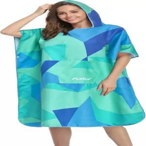 플라이일리 비치 체인지 타월 서핑 폰초 로브 후드 잠수복 조절 소매 수영 목욕 그린 지오메트리 L