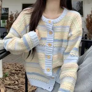 라운드넥 스트라이프 배색 파스텔 긴팔가디건 NF-65미니 봄신상 니트 부드러운 여자기본 스웨터 간절기