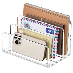 FUCDTEFC 책상 우편 정리함, 3섹션 투명 아크릴 파일 홀더 레터 오거나이저, 수직 경량 모던 봉투 액세서리 및 작업 공간 정리함 사무실, 가정, 학교용