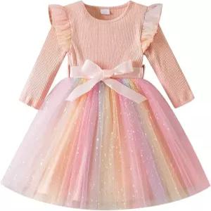 AWIBMK 요정 소녀 가을 겨울 긴팔 레인보우 툴 드레스 홀리데이 파티 색종이 스타 시크릿 투투 공주