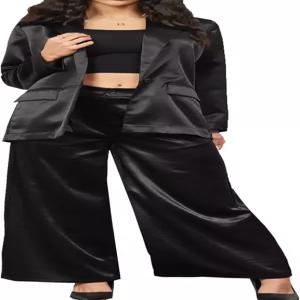 여성용 2피스 의상 새틴 블 슈트 와이드 레그 팬츠수트 비즈니스 캐주얼 워크 드레스 재킷 팬츠 세트