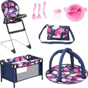 여행용 침대 및 하이체어가 포함된 바이엘 9in1 인형 액세서리 세트 인형에게 완벽한 장난감 접시 식기류