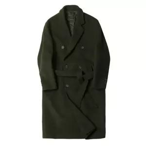 남성 더블코트 로브 디자인 허리끈 롱코트 카키색 aoQ9+7awH