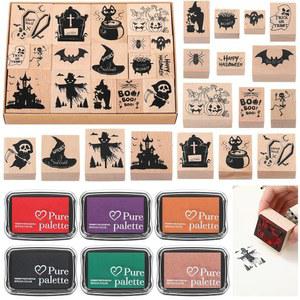 게르니엘 17개 할로윈 나무 고무 스탬프와 공예 잉크 패드 혼합 스푸키 마녀 고무 스탬프 카드 만들기 장식 파티 선물 장식 스크랩북 용품