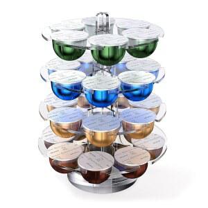 Genew 커피 포드 홀더 아크릴 캐러셀 스탠드, 28개의 베르투오 캡슐 및 작은 조리대용 돌체 구스토 캡슐 보관 정리함과 호환 가능