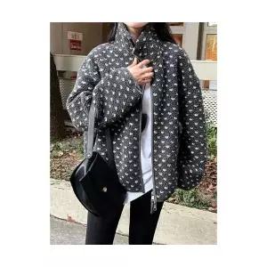 여성 야구 점퍼 앤티크 도트 램스울 하이넥 상의 따뜻한 겨울 더블 집업 코트 DUCHI4