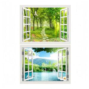 THNWSY 2피스 3D 자체 접착 페인팅 가짜 창문 벽 스티커 열대 섬 야자수 벽화 뷰 장식 가정용 (숲과 호수, 44.9cm x 69.9cm(17.3 27.6인치))