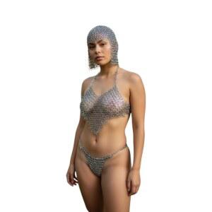 중세 체인메일 알루미늄 비키니 세트, 코이프, 3피스 메탈릭 코스튬 갑옷, V-디자인 패턴