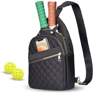 남녀용 NiHome 피클볼 슬링백, 조절 가능한 스트랩이 있는 방수 폴리에스터 크로스바디 백팩, 패들 2개와 공 6개, 태블릿 포켓, 휴대폰 및 기어용 전면 지퍼 수납(블랙)