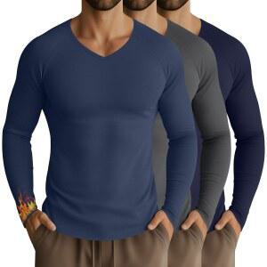 배기플라이 3팩 남성 보온 셔츠 빅 앤 톨 플리스 안감 긴 소매 V 넥 베이스 레이어 라글란 곡선 밑단 베이직