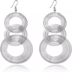 여성 골드 도금 롱 70년대 디스코 귀걸이 후프 원형 3원 다층 드롭 빅 합금 기하학 파티웨어 이어링