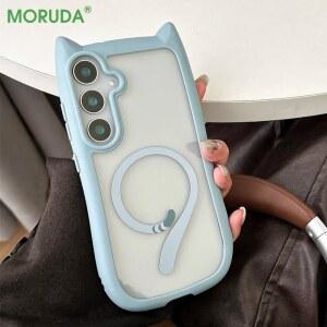 삼성 갤럭시 S25울트라 S25 S24 S23 플러스용 귀여운 고양이 귀 마그세이프 케이스 투명 TPU 자석 커버 무선 충전