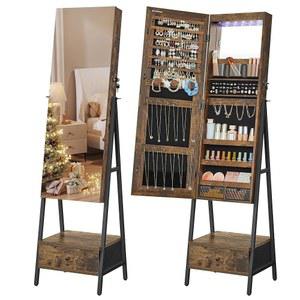 송믹스 LED 캐비닛 스탠딩, 전신 거울이 있는 잠금식 주얼리 아무어, 공간 절약형 정리함, 하단 서랍장, 선물 아이디어, 크리스마스 선물, 러스틱 브라운 UJJC025X01