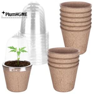 WWmily 10 습도 돔이 식물 보육 냄비 세트 라운드 생분해 성 섬유 종이 파종 스타터 화분 용기