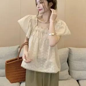 여성용 시스루 구멍무늬 플리츠모던 목선 라인디테일 하프티 탑 와이셔츠 퍼프디테일 플리츠