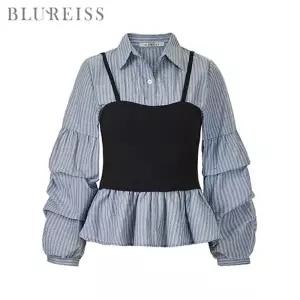 [블루레이스] 뷔스티에 배색 핀턱 블라우스_B6S1BL5091