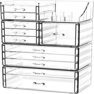 아크릴 클리어 메이크업 오거나이저 카운터탑 11개의 서랍이 있는 스태커블 스킨케어 대형 플라스틱 책상
