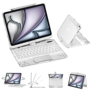 GUSGU 무선 키보드가 있는 투명 케이스, 2024 아이패드 프로 11인치(M4), 7가지 색상 백라이트, 트랙패드, 11(5세대)용 360 회전 스탠드, 테크 스타일