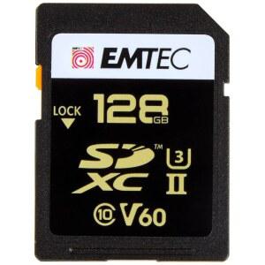 [미국배송] EMTEC - UHS-II U3 V60 스피드IN PRO+ ECMSD128GUHS2V60 SDXC 카드 메모리 버스트 사진 풀 HD 3D 4K 8K UHD 비디오 저장 용량 128GB 128GB 후면 2개의 핀 행 블랙/골드