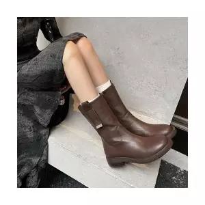 여성용 웨지힐 퀄리티 송아지 가죽 라운드 미들 부츠 가을 겨울 블랙 통굽 CH4