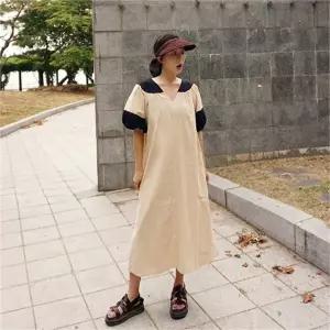 [앞머리]오버핏 린넨 배색 퍼프소매 롱 원피스n710 _P063862331