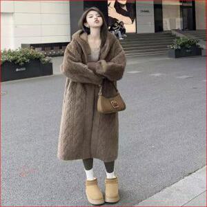 [하르하딩] 밍크 코트,밍크 후드,롱 가디건,인조 퍼,인조 꽈베기