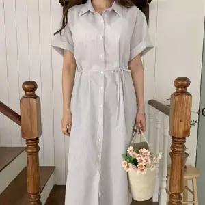 여성 클래식 잔줄지 허리스트랩 반팔 롱 셔츠 원피스