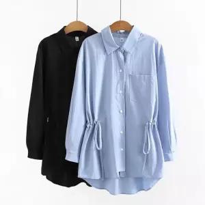 아웃사이즈 OA2351 빅사이즈 허리라인 리본 스트링 롱 셔츠 블라우스 남방