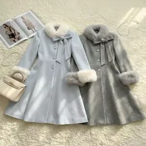 퍼 카라 리본 타이 포인트 큐빅 보석 단추 A라인 플레어 롱 모직 겨울코트 연말 파티 하객룩37766