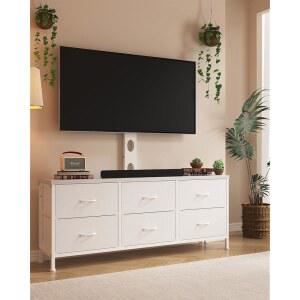 마운트가 있는 DrawXynth TV 스탠드 32/45/55/60/65/75인치 TV용 서랍 6개가 있는 패브릭 서랍장 화이트 서랍장 엔터테인먼트 센터 모던 미디어 TV 콘솔 테이블