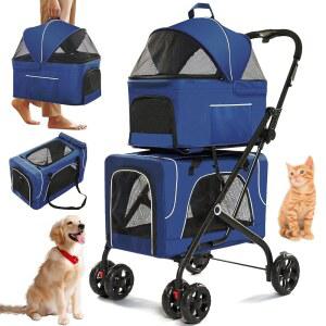 탈착식 캐리어가 있는 소형/중형 반려동물을 위한 4 in 1 개 유모차, 바퀴가 달린 내구성 반려동물 600D 옥스포드 천이 고양이 카트, 2 마리의 고양이(파란색)에게 이상적입니다