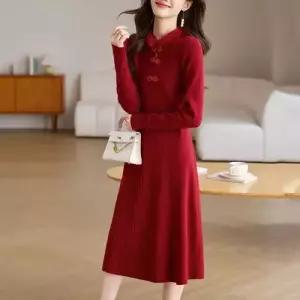 여성 겨울원피스 하객 레드 니트 원피스 가을 겨울 롱 스웨터 스커트 ADOR4