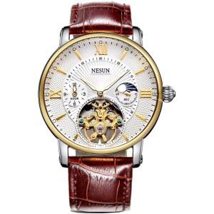 마스토프 스위스 남성용 자동 기계식 시계 골격 24시간 표시 및 가죽 손목시계