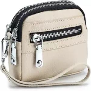 여성용 정품 가죽 미니 손목시계 지갑 스트랩이 달린 지퍼 코인 작은 파우치 3개 (크림색)
