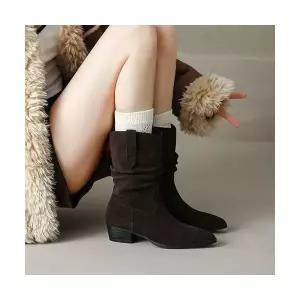 여성용 웨지힐 신발 소가죽 부시 미들 웨스턴 데님 부츠 통굽 리얼 가죽 트렌드 KS5