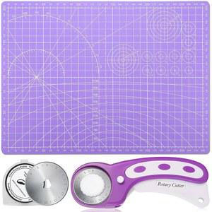 로터리 패브릭 커터 및 매트 세트, Audab 셀프 힐링 재봉 셔츠 45mm 커팅 휠, 천 공예용 도구 칼날 포함 퀼팅 스크랩북 취미 (A4 9인치 x 12인치 보라색)