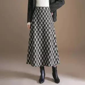 미니코코네 여자 정장 스커트 빈티지 모직 미디 A라인 가을 겨울 두꺼운 밴딩 슬림핏 체크 힙업 DOS4