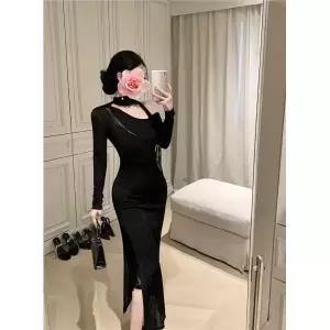 스파이더맨 여성 블랙 오프숄더 긴팔 원피스 추동 레이스 슬림핏 롱스커트 힙업 스커트 OPH4