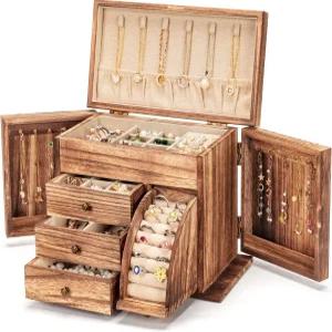 포일루 주얼리 박스 정리함 보관 및 전시용 여성용 솔리드 우드 목걸이 반지 귀걸이 팔찌 여성 선물용