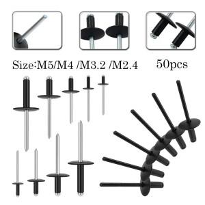 50개 블랙 알루미늄 블라인드 리벳 M2.4 M3.2M4 M5  시트 스틸 맨드렐 배기용 돔 헤드