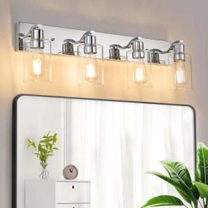 AMRUIPO 4 조명 욕실 기구 크롬 배니티 라이트, 투명 유리 그늘 30인치 현대식 침실/거실용 거울