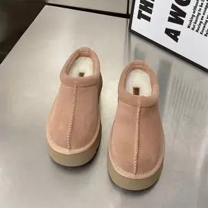 [하프클럽/]여성 통굽 키높이 가죽 퍼 슬리퍼 스티치 디자인