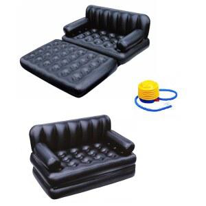 접이식 휴대용 풍선 소파 트윈 침대, 게으른 플로킹 퀸 사이즈 에어 베드 매트리스 - 팝업 실내 거실 및 야외 발코니, 뒷마당, 캠핑, 피크닉, RV + 풋 펌프(블랙)에 적합합니다