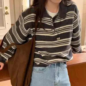 간절기 가을 봄 여성 카라 넥 루즈핏 니트 티 그레이셔츠 예쁜 단가라 여자 줄무늬 긴팔 이쁜 기본