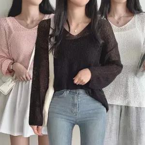 여성 브이넥 봄 여름 긴팔 그물 망사 니트 티 루즈핏 여자 얇은 가을