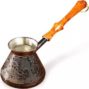 14온스 구리 터키 그리스 아랍어 각인 커피 포트 스토브탑 메이커 세즈베 이브릭 브리키 나무 손잡이