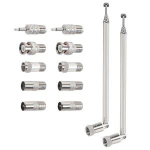 [미국배송] 2PCS FM 안테나 텔레스코픽 75옴 스크류 F 남성 플러그 안테나(PAL BNC 3.5MM 잭 커넥터 어댑터 포함) AV 스테레오 수신기 홈 시어터 앰프 시스템 실내외용 라디오