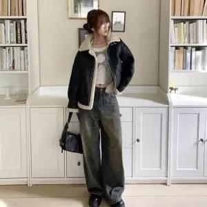 여성 루즈핏 페이크 스웨이드 양털 크롭 무스탕