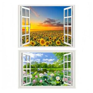 THNWSY 2피스 3D 자체 접착 페인팅 가짜 창문 벽 스티커 열대 섬 야자수 벽화 뷰 장식 가정용 (해바라기+연꽃, 44.3cm x 69.6cm(17.3 27.6인치))